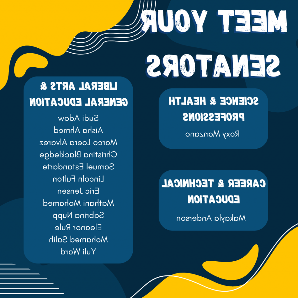 Meet Your Senators--Science & Health Professions: Roxy Manzano Career & Technical Education: Makayla Anderson Liberal Arts & General Education: Sudi Adow, Aisha Ahmed, Marco Loera Alvarez, Christina Blackledge, Samuel Estandarte, Lincoln Fulton, Eric Jensen, Mathani Mohamed, Sabrina Nupp, Eleanor Rule, Mohamen Salih, Yuli Ward